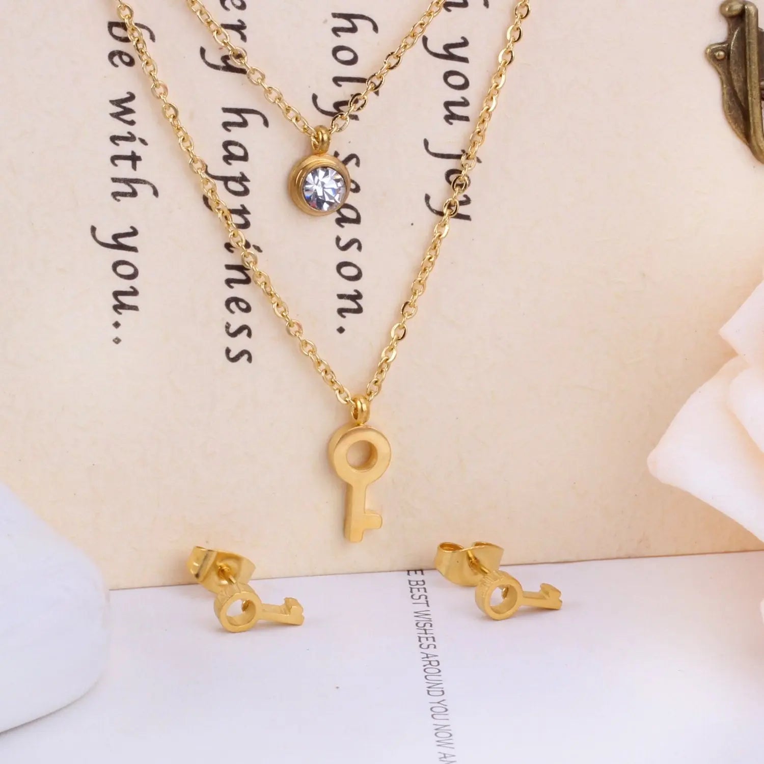 Key Pendant Stainless Steel Necklace Earring Crystal Wedding Bridal Gold Jewelry Set For Women Girls Jewellery Set asonjewelry